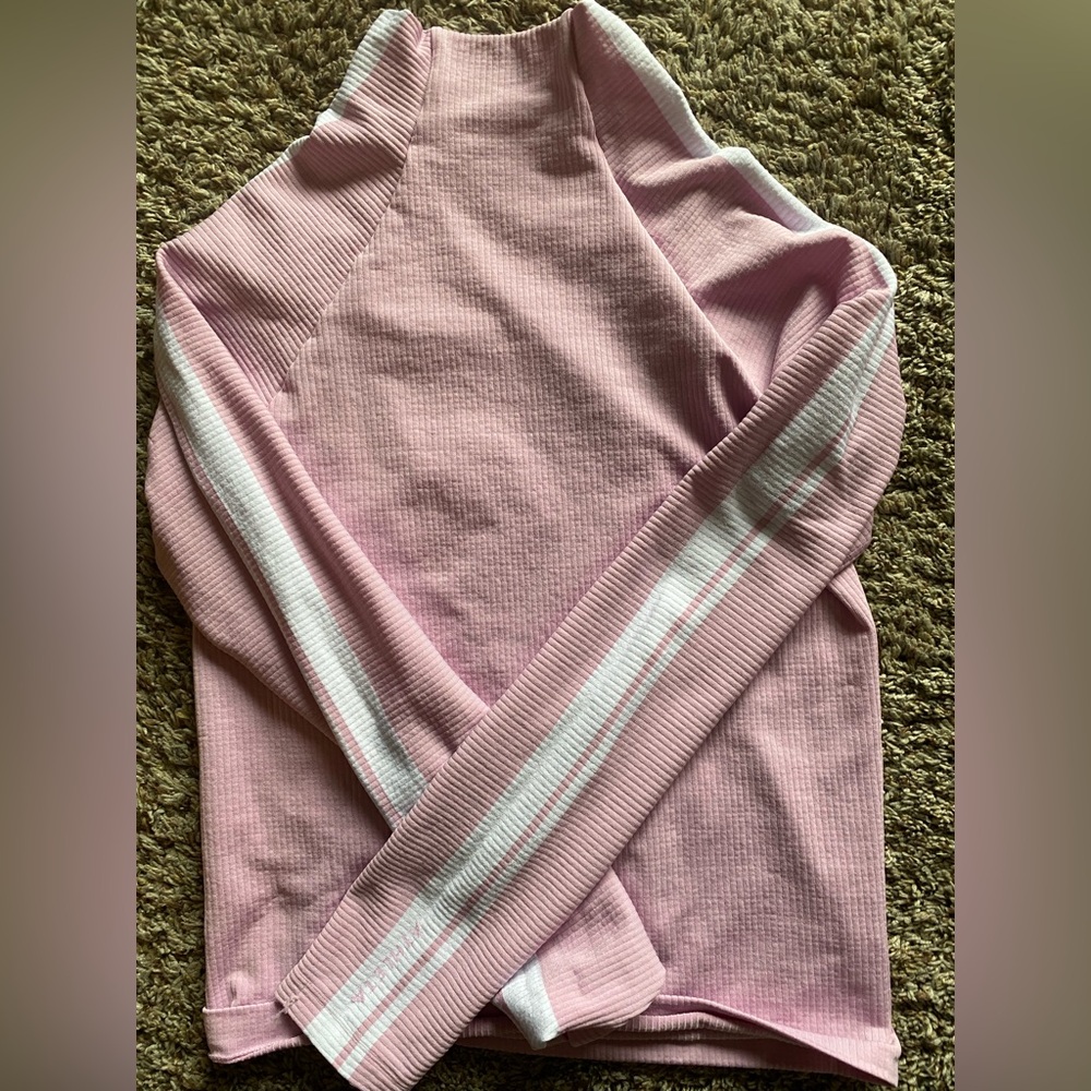 Athleta Pastel Pink Ribbed Long Sleeve with White Stripe Detail